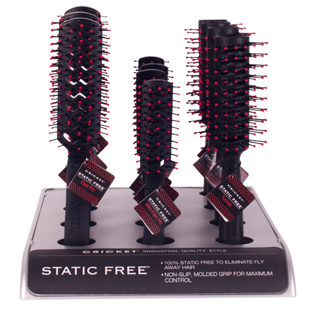 Cricket Universal Brush Display- Fast Flo Black, Mini Fast Flo Black, Tunnel Black 12 pc.